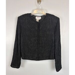 Talbots Petites Black 100% Silk Beaded Floral Scroll Evening Jacket Medium Glam